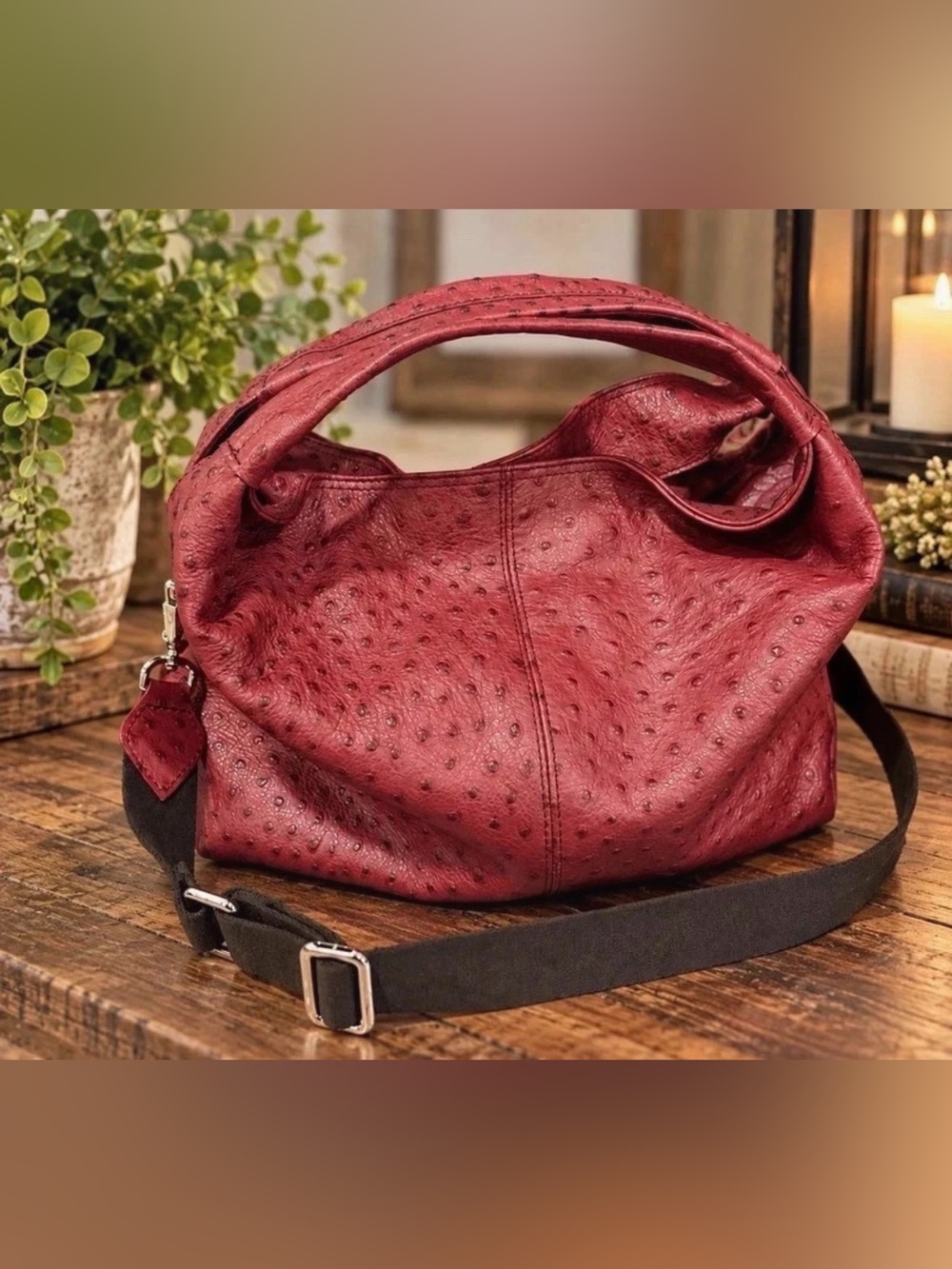 Furla Elisabeth Ostrich Embossed Leather Hobo Bag